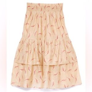 NWT Senlis Red & Gold Leaf Miranda Tiered Ruffle Midi Skirt, Size Medium